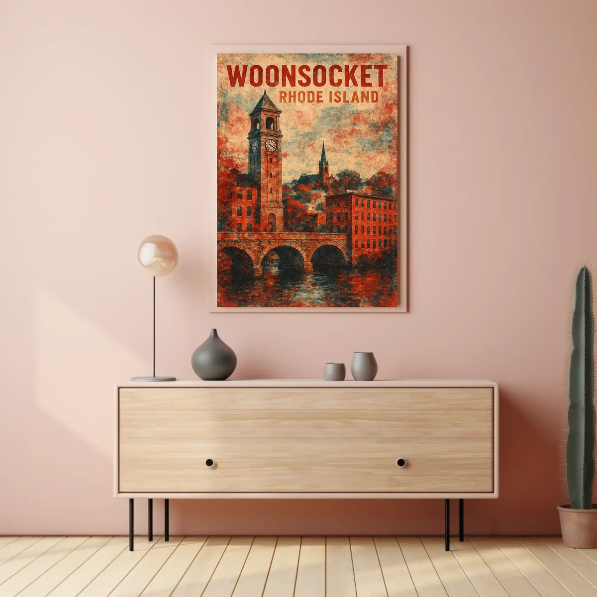 Vintage Woonsocket Clock Tower Nostalgic Watercolor Poster