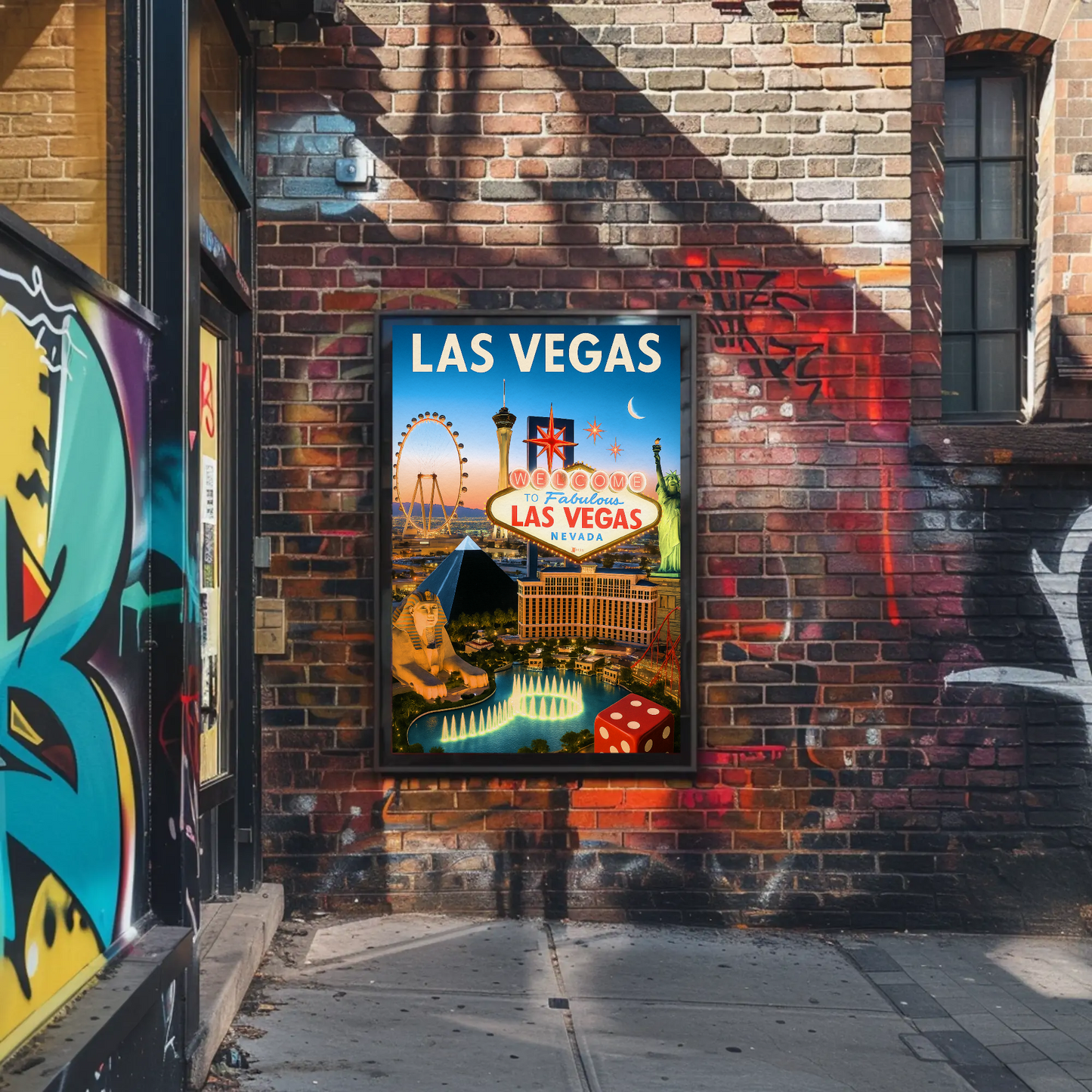 Las Vegas Iconic Landmarks Night Lights Vintage Travel Poster