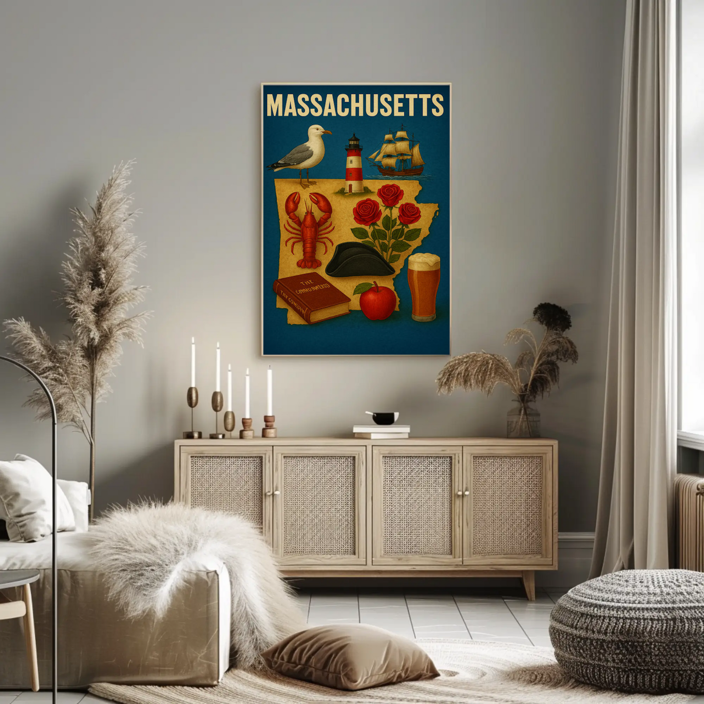 Massachusetts Symbols Map Lobster Ship Hat Poster