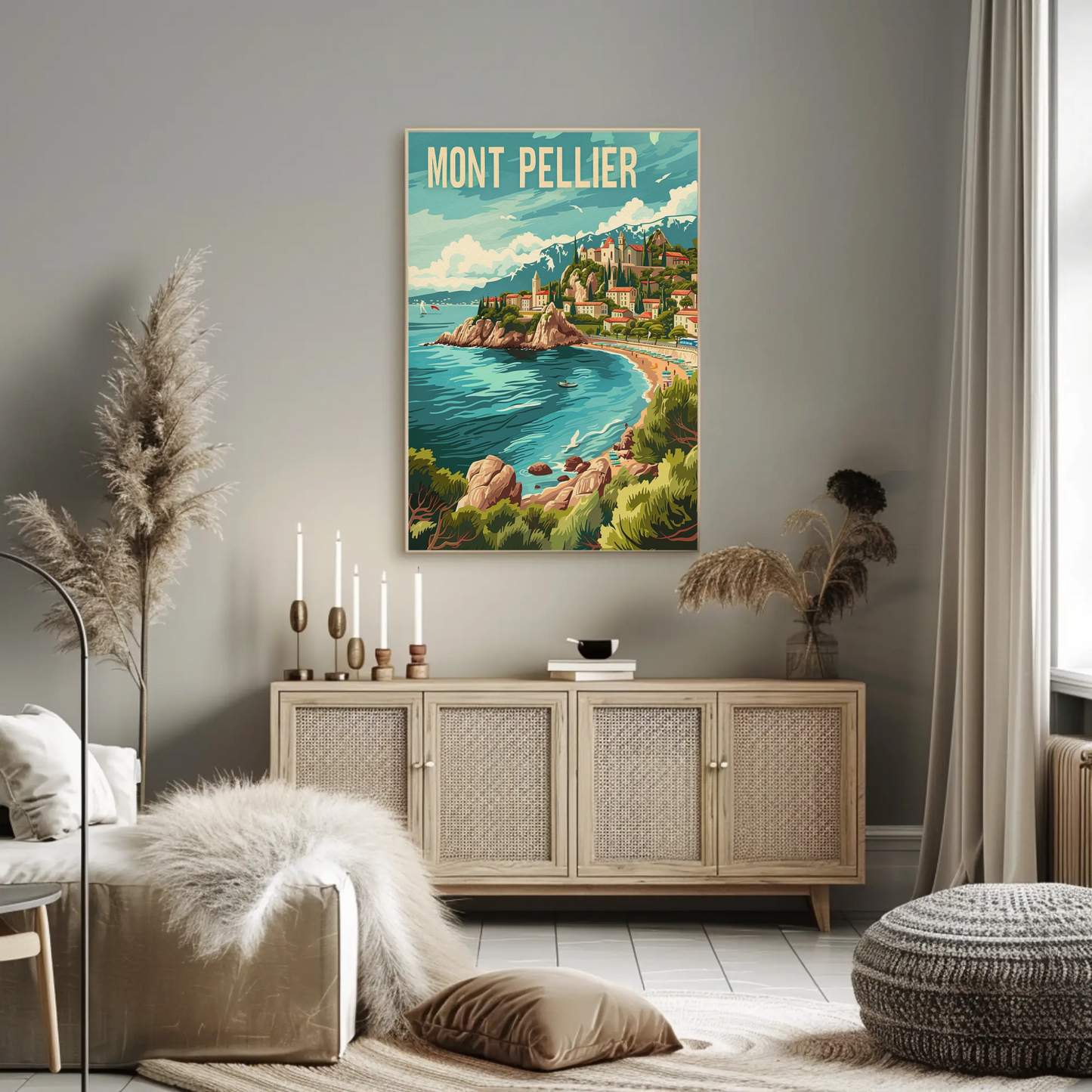 Montpellier France Coast Hillside Village Travel Poster
