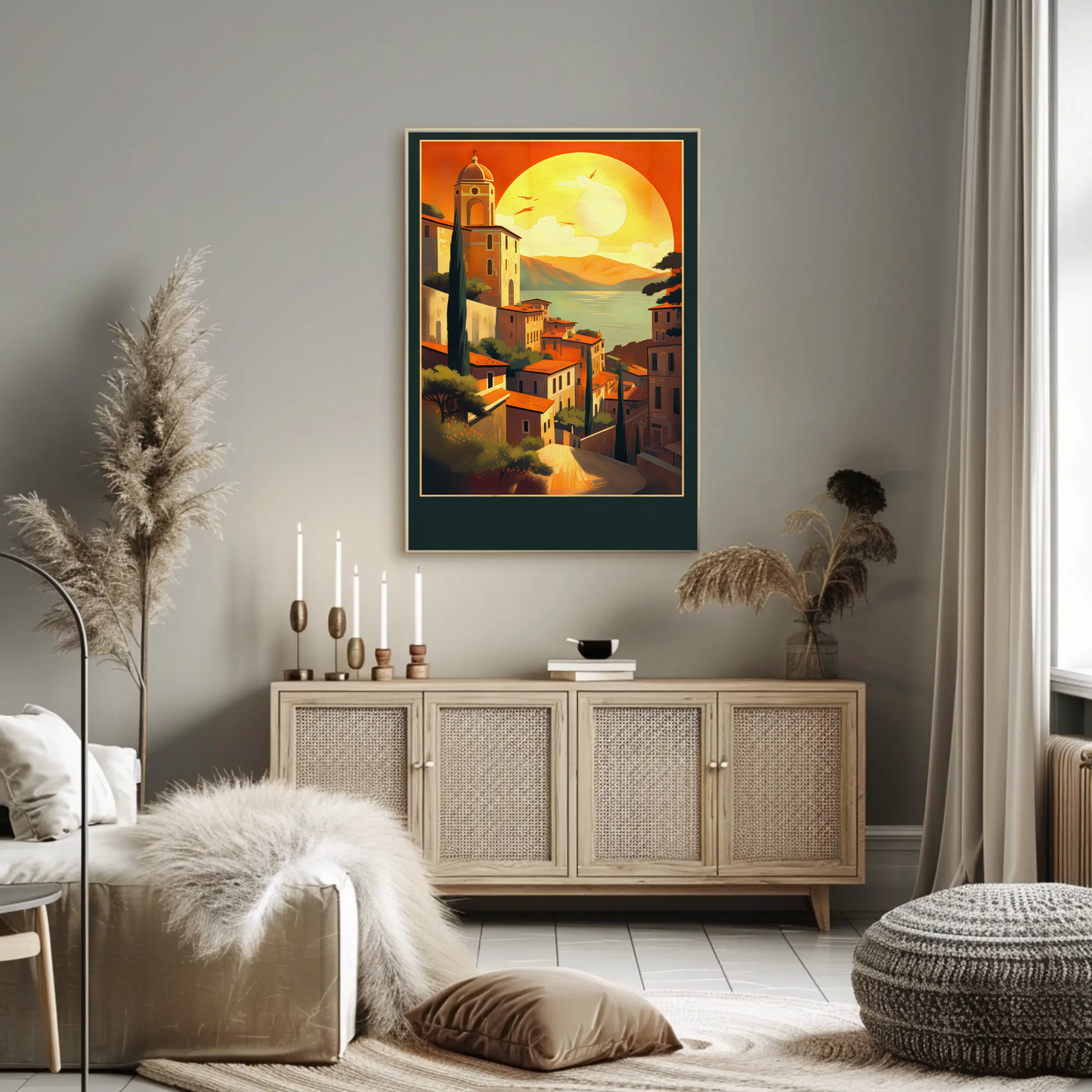 Sunset Over Mediterranean Village Coastline Travel Poster