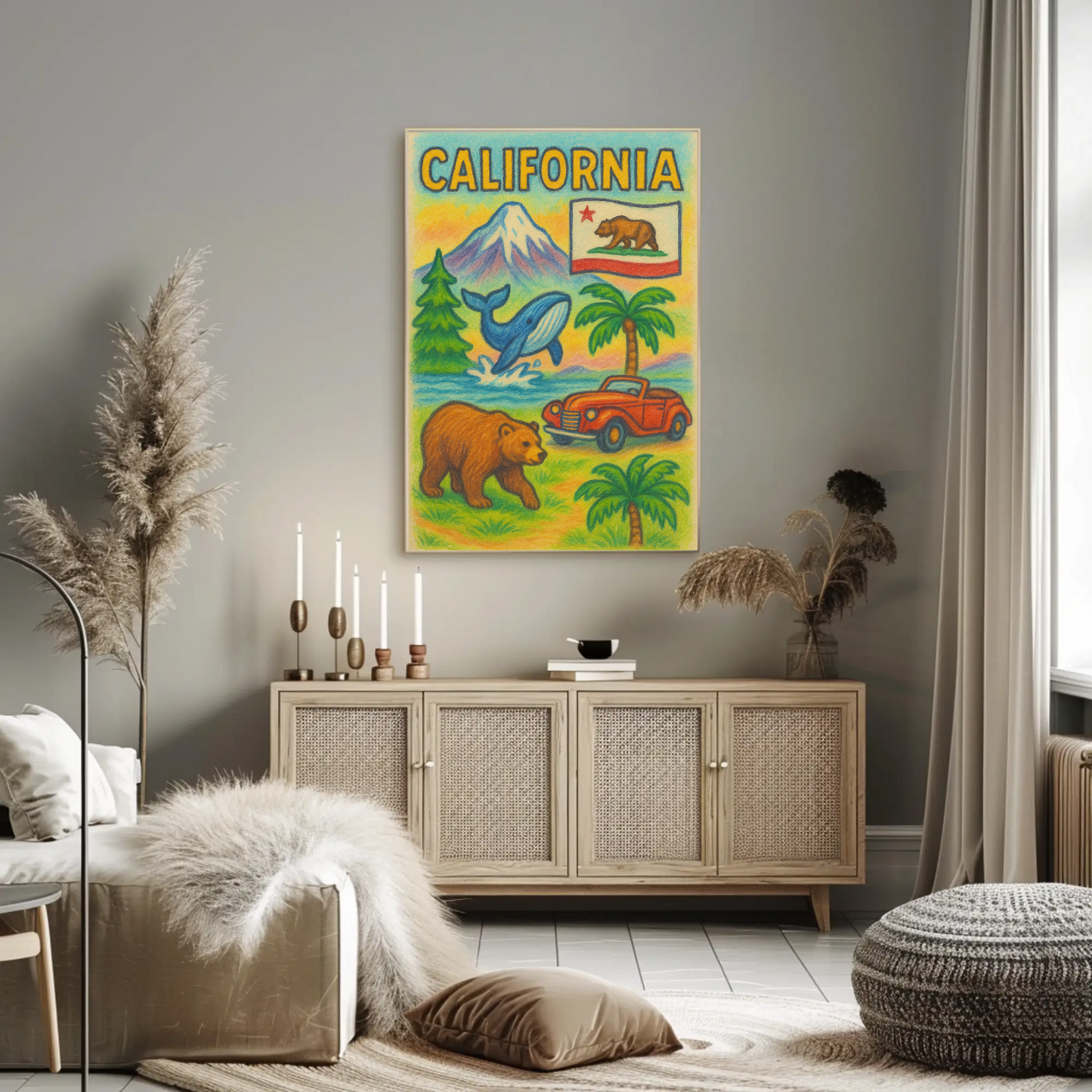California Bear Whale Redwood Vintage Travel Poster