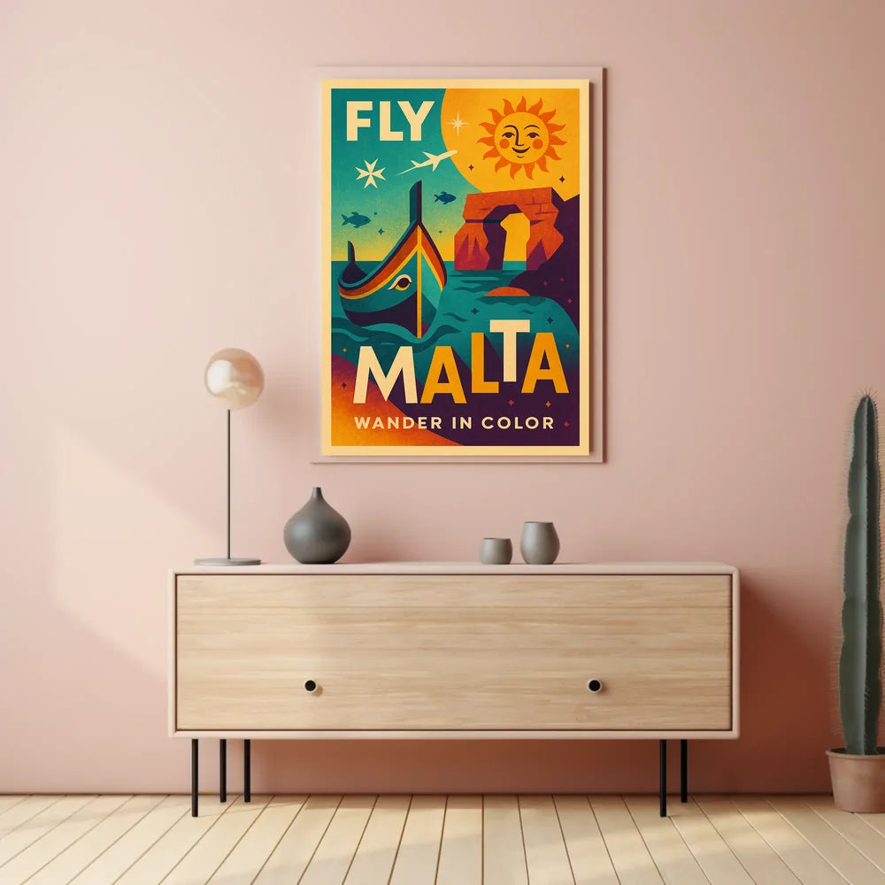 FLY MALTA Vibrant Retro Travel Adventure Poster PosterGoat