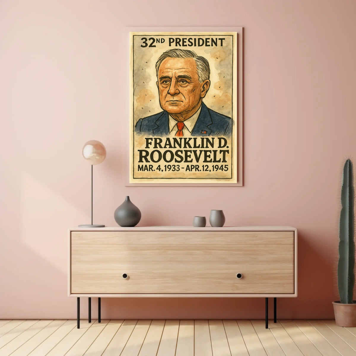 Franklin D. Roosevelt 32nd President of the United States Exaggerated Cartoon Sketch Poster