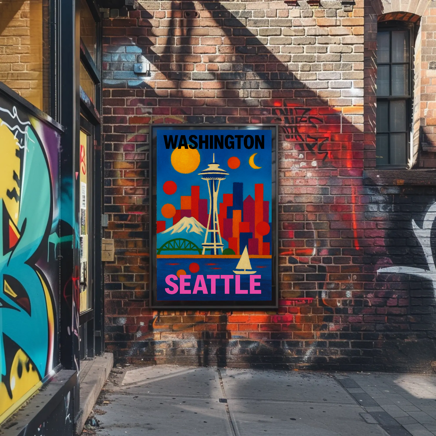 Washington Seattle Space Needle Mountains Sunset Vintage Travel Poster