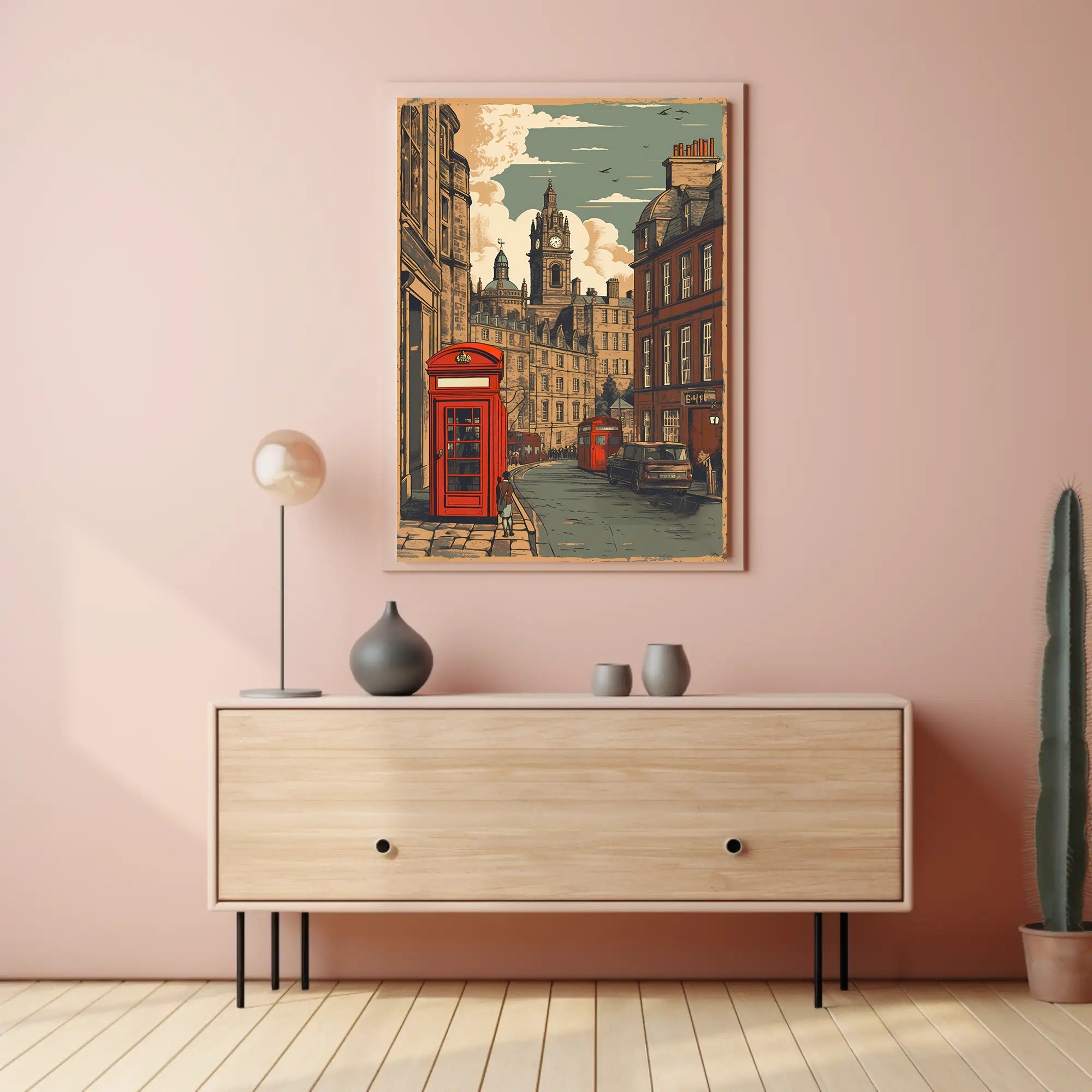 Vintage Cityscape with Red Telephone Booth Poster