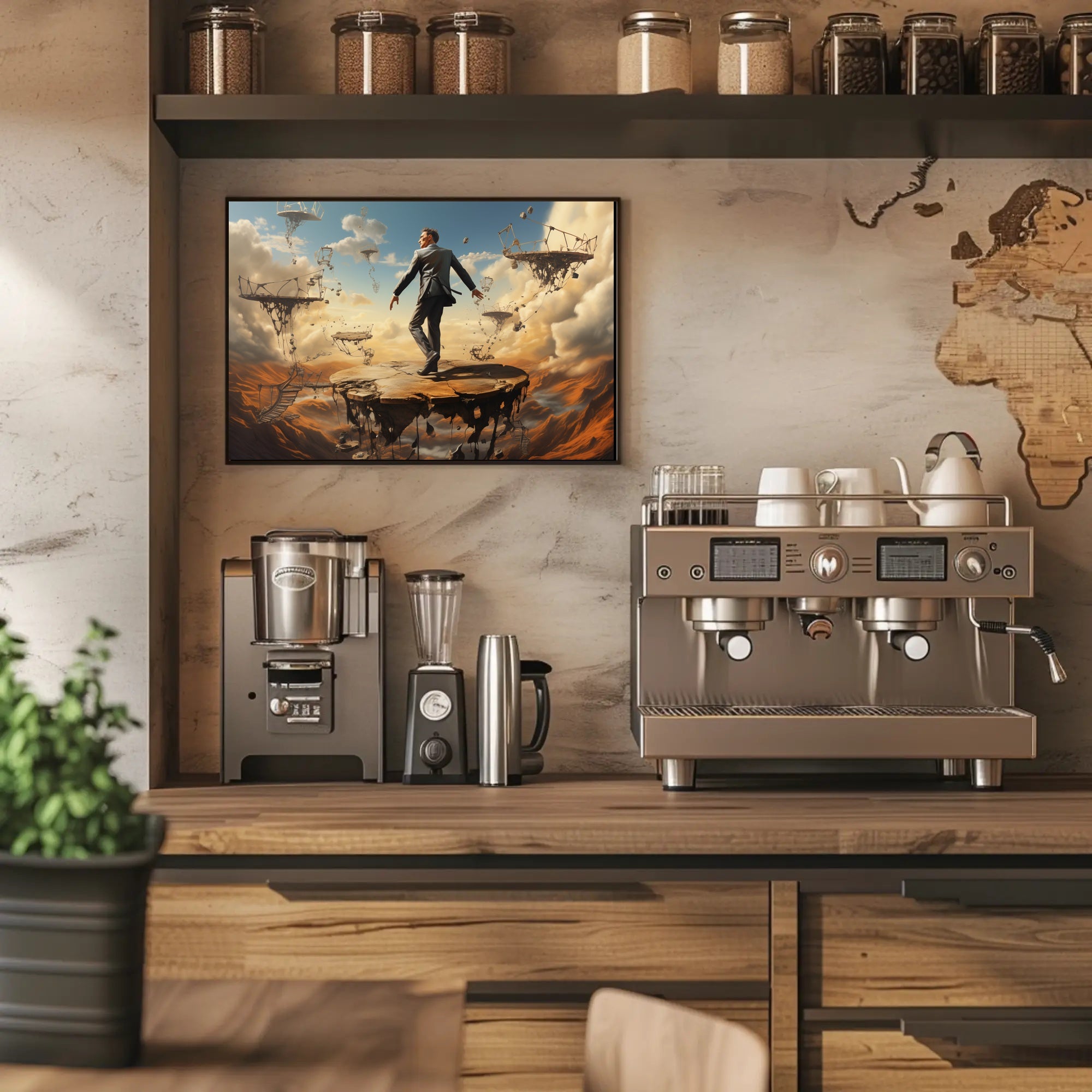 Surreal Suit Man on Broken Platforms Artistic Poster