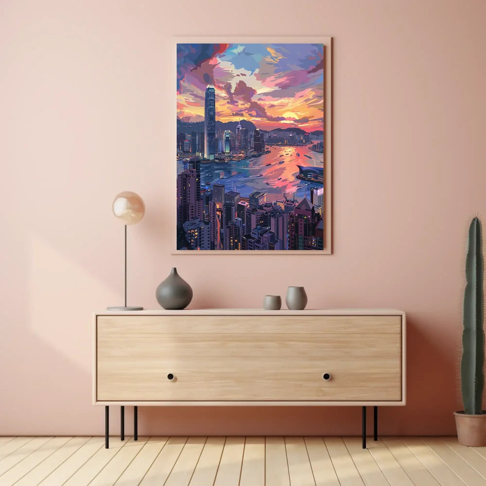 Hong Kong Sunset Cityscape Modern Art Poster