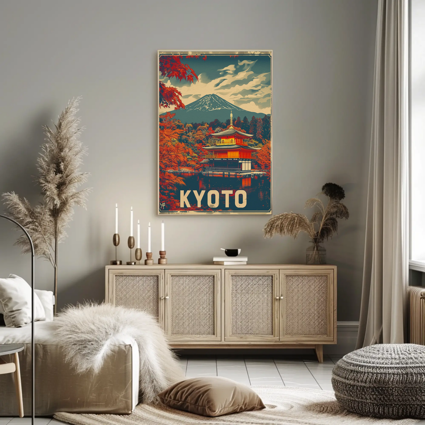 Kyoto Temple Autumn Mount Fuji Travel Poster