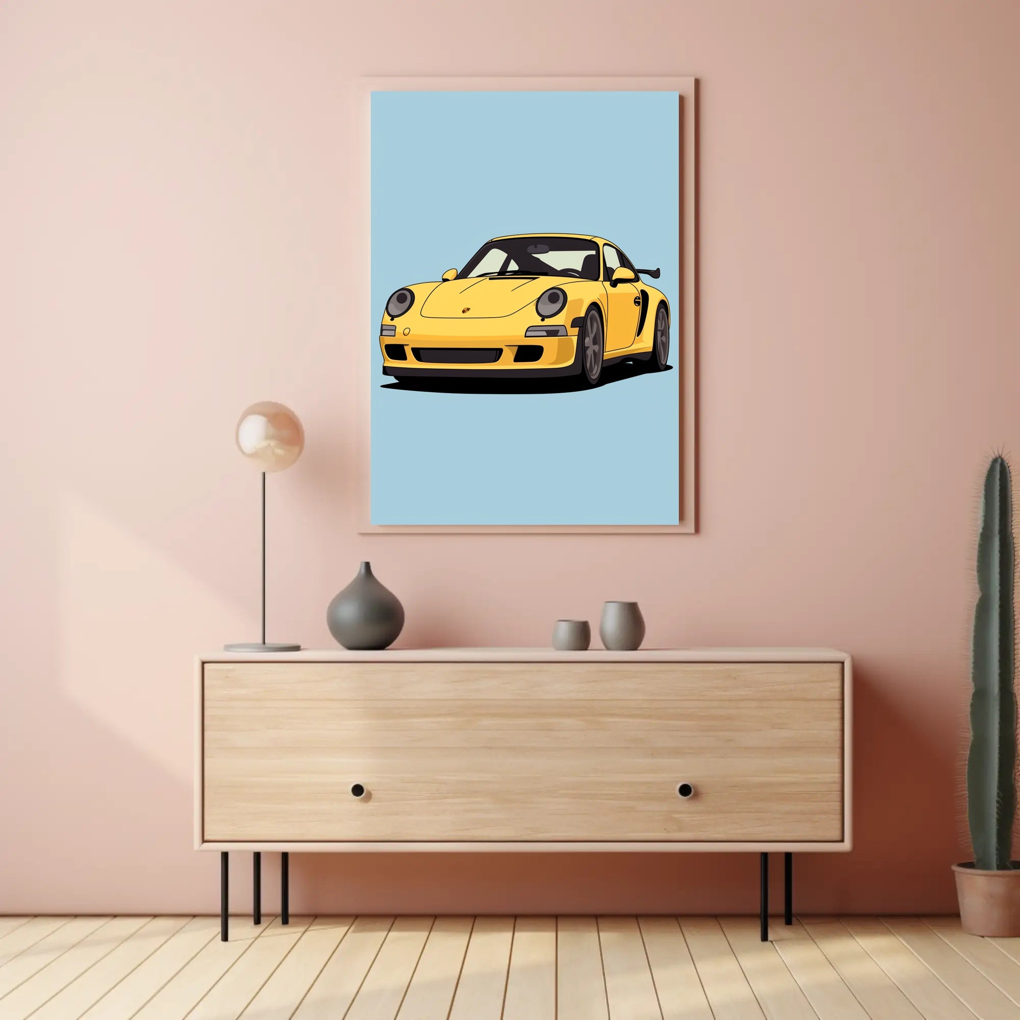 Yellow Sports Car Illustration Poster PosterGoat