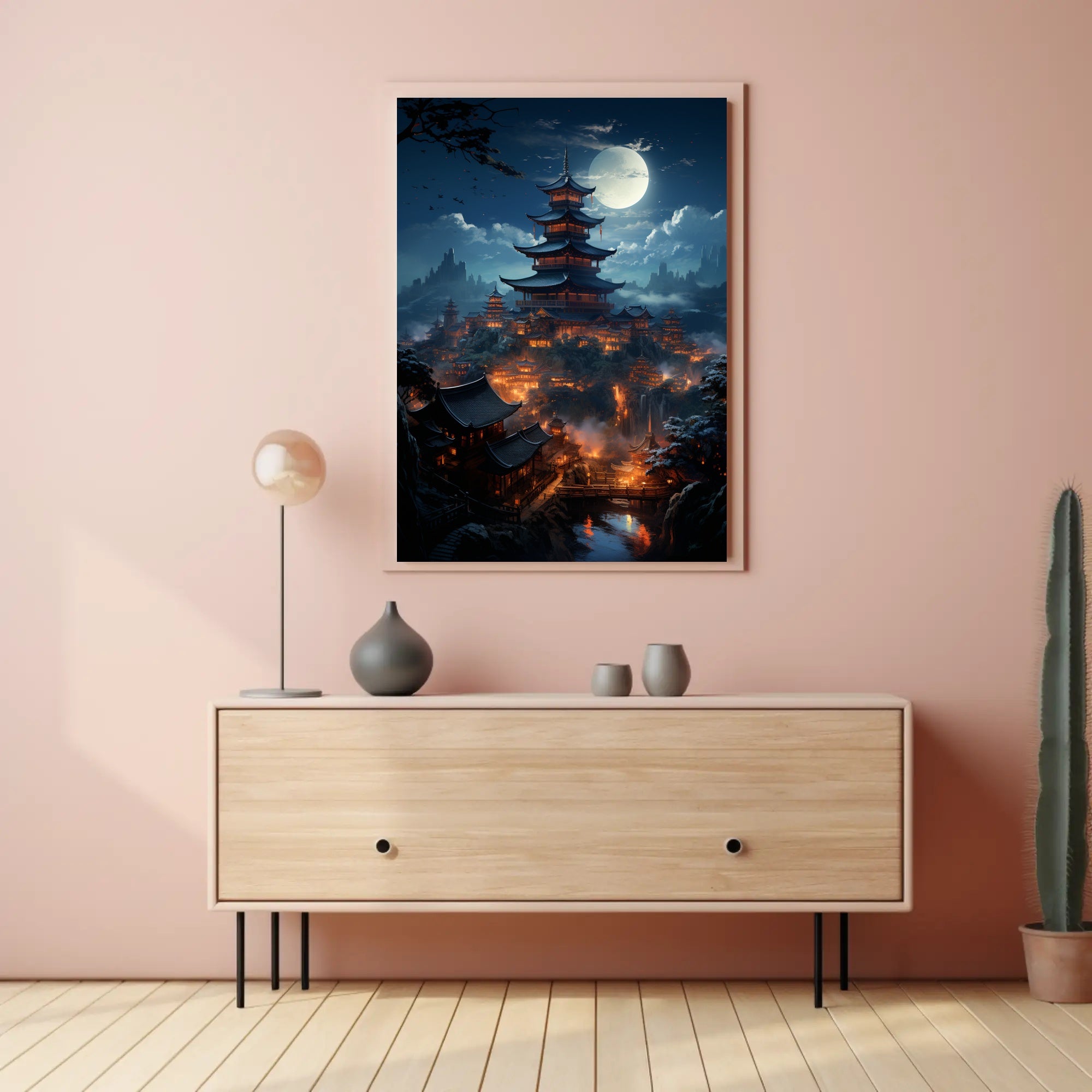 Moonlit Pagoda Village Poster