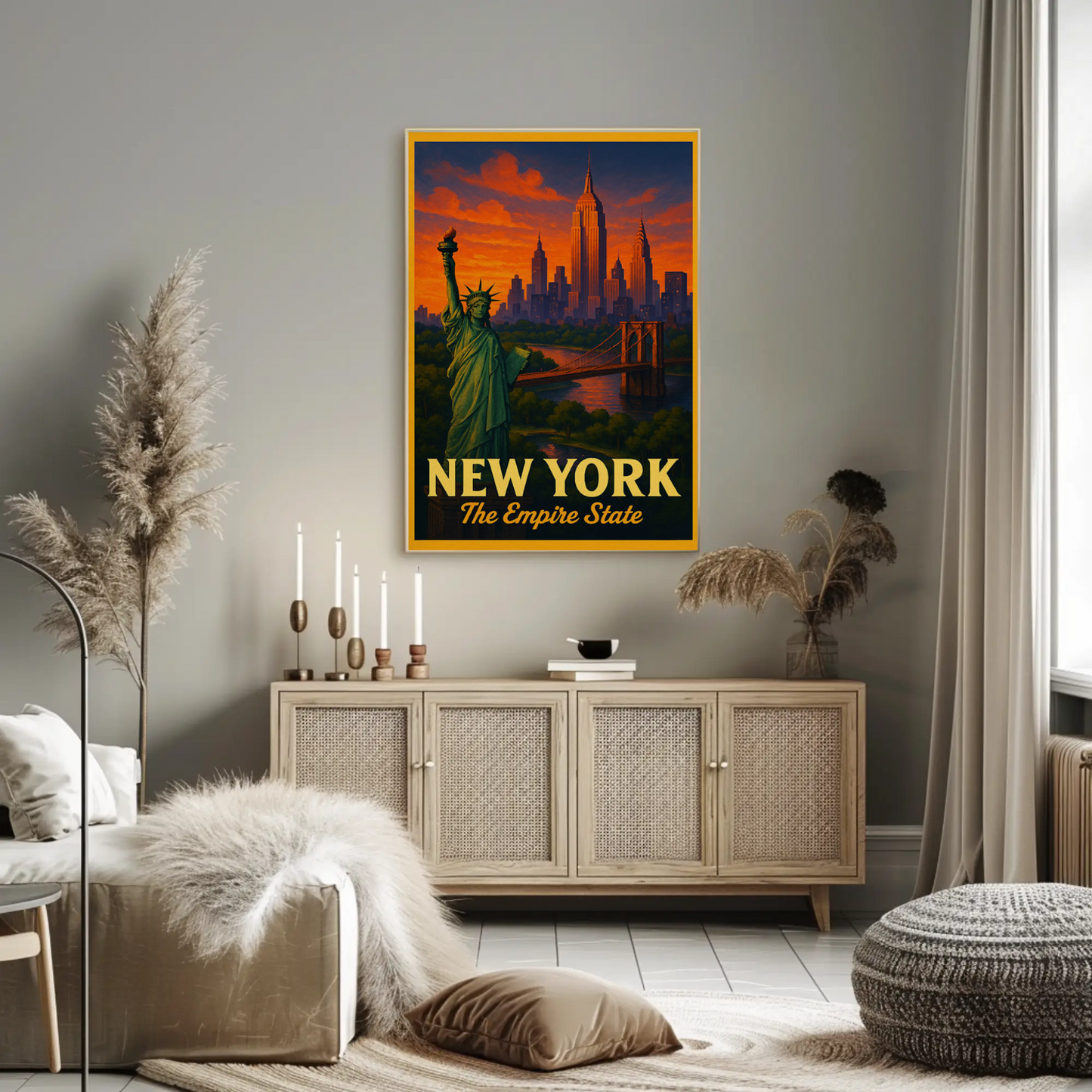 New York Empire State Liberty Brooklyn Bridge Sunset Travel Poster