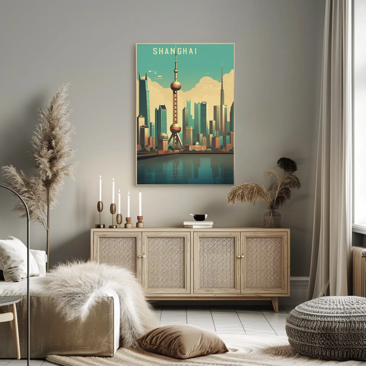 Shanghai China Futuristic Skyline Reflection Travel Poster