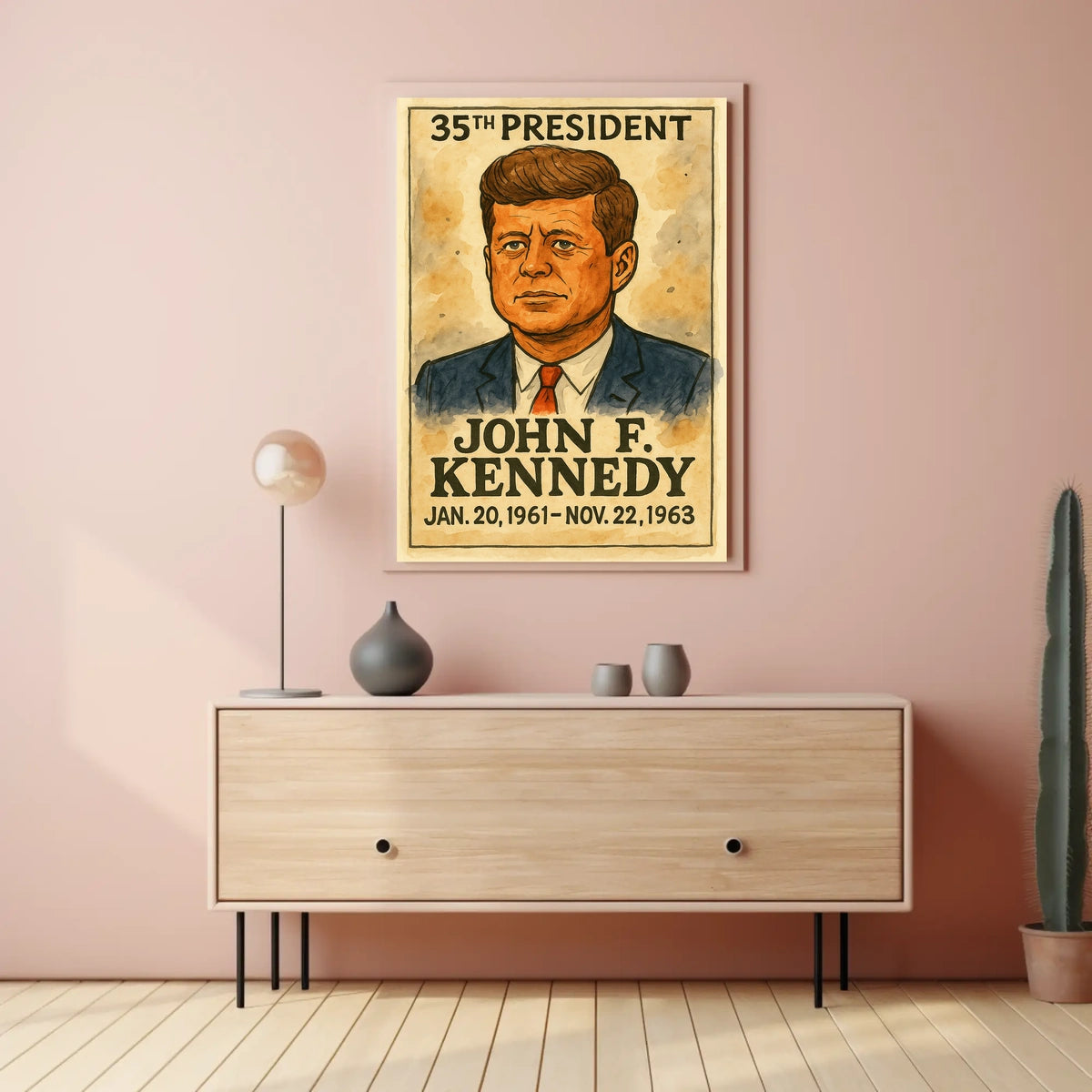 John F. Kennedy 35th President of the United States Exaggerated Cartoon Sketch Poster
