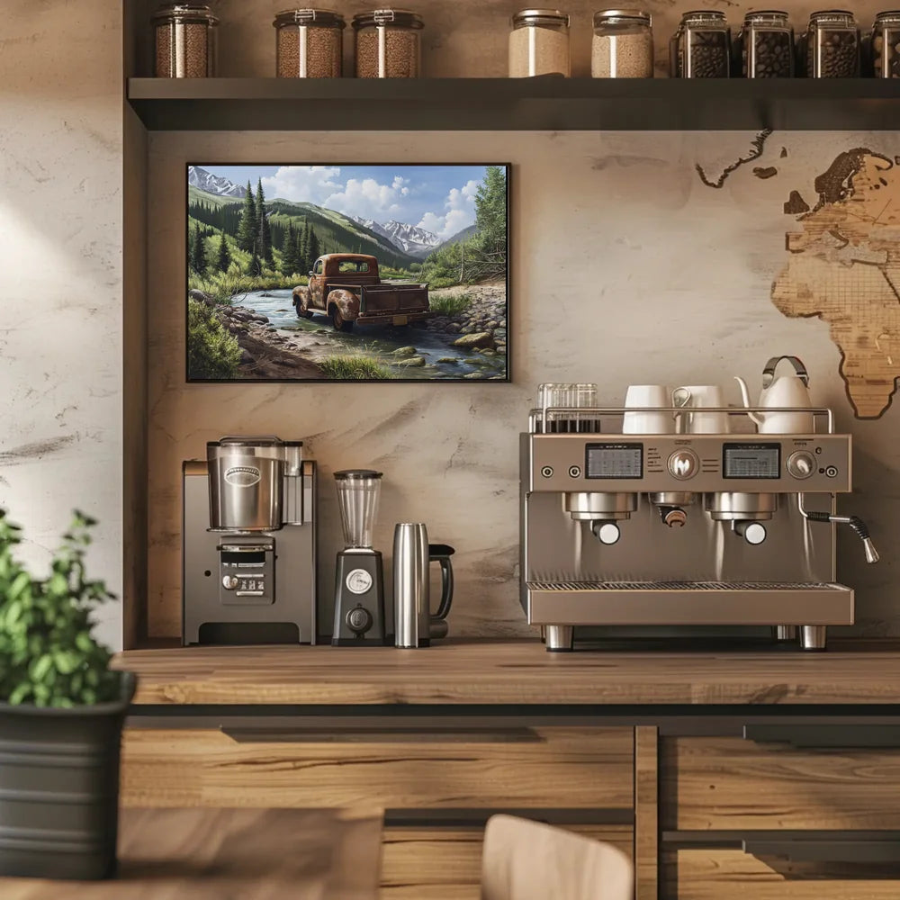 Vintage Truck in Serene Mountain Landscape Poster