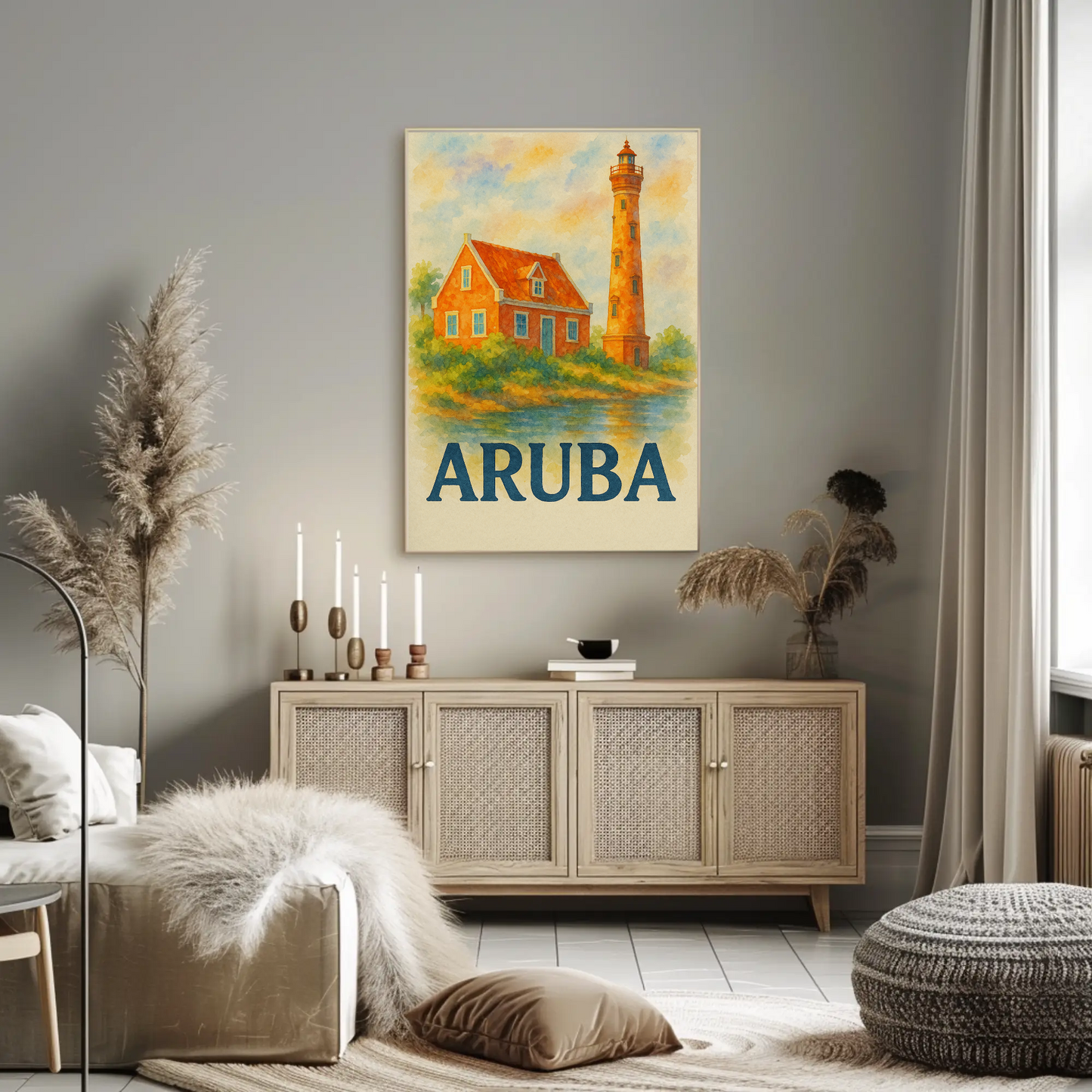 Aruba Lighthouse Ocean Hut Sunset Travel Poster