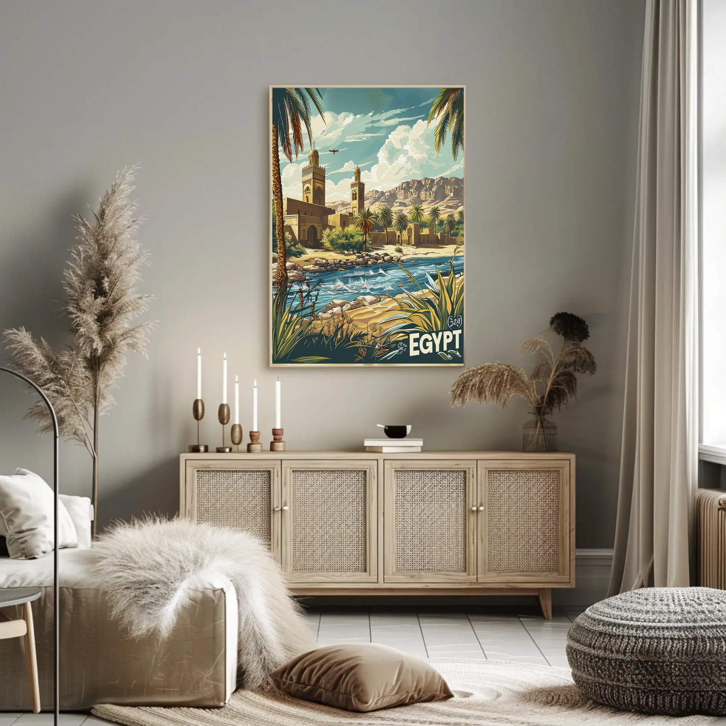 Egypt Desert Mosque and River Travel Poster