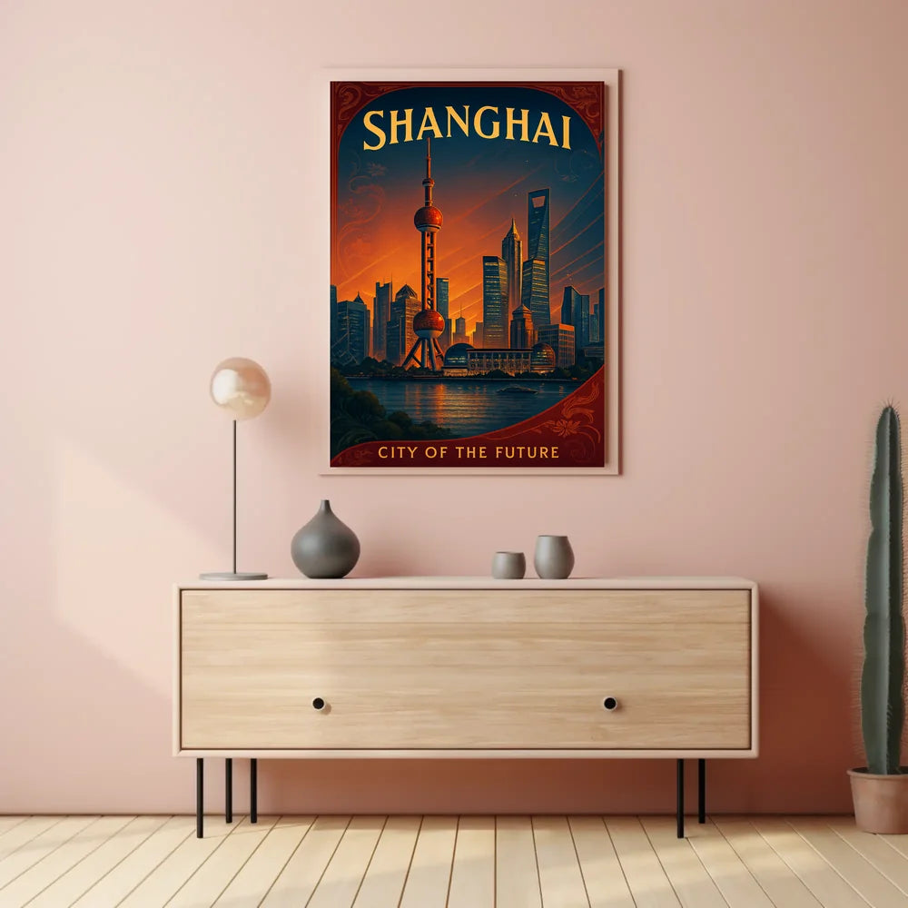 Shanghai Skyline Future Vision Retro Cityscape Urban Poster PosterGoat