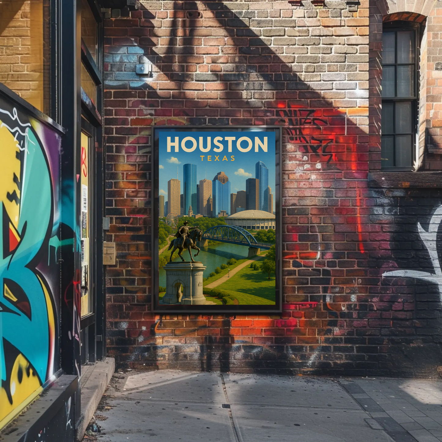 Houston Texas Skyline River Monument Vintage Travel Poster