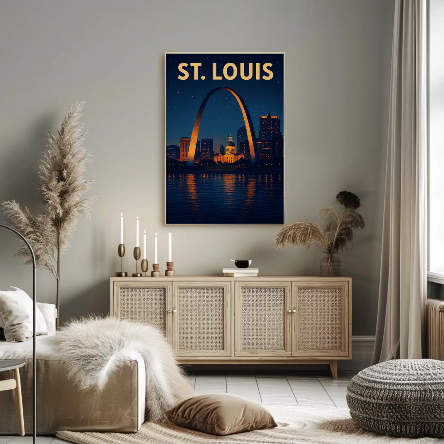 St Louis Arch Night Skyline Reflections River Poster