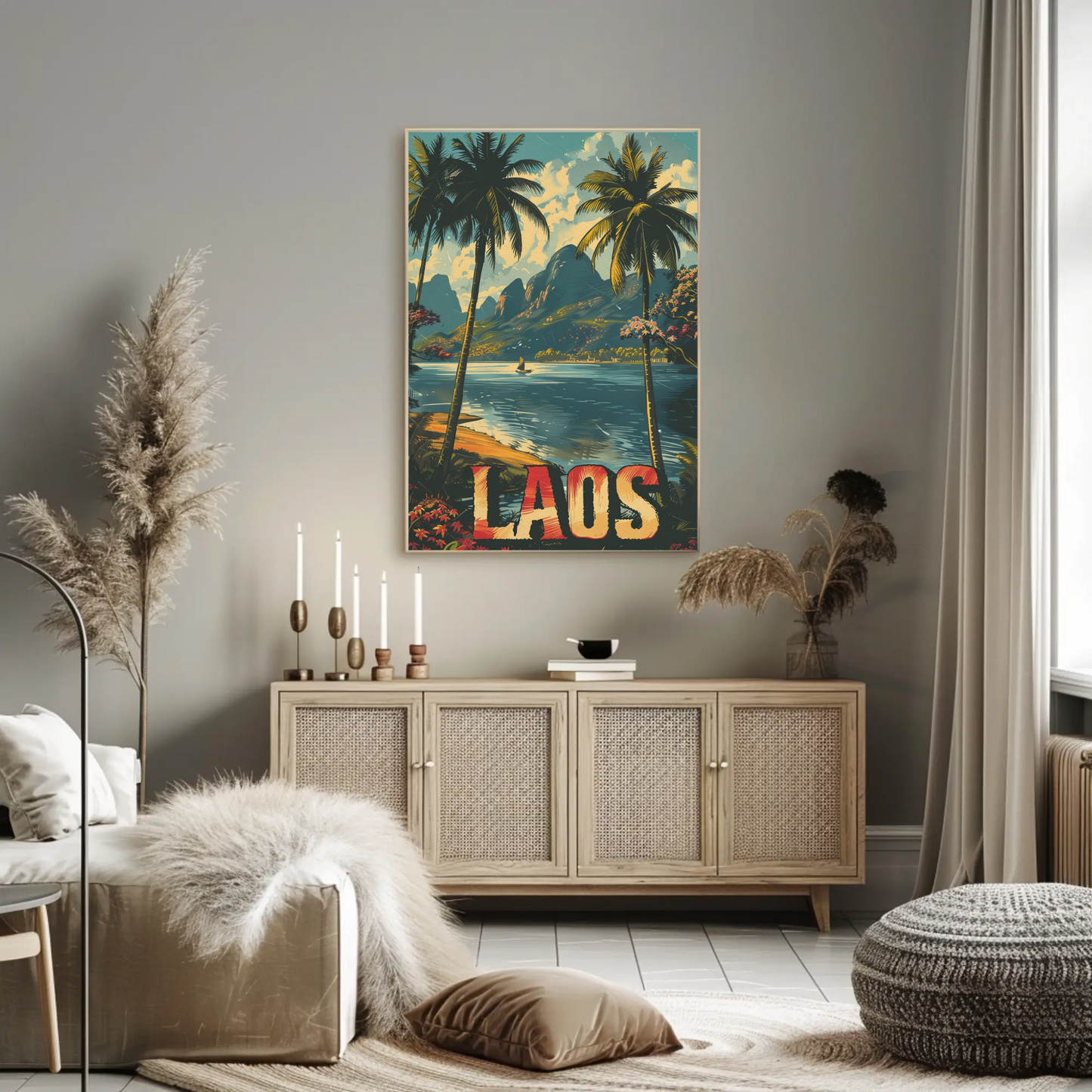 Laos Palm Trees River Mountain Jungle View Travel Poster
