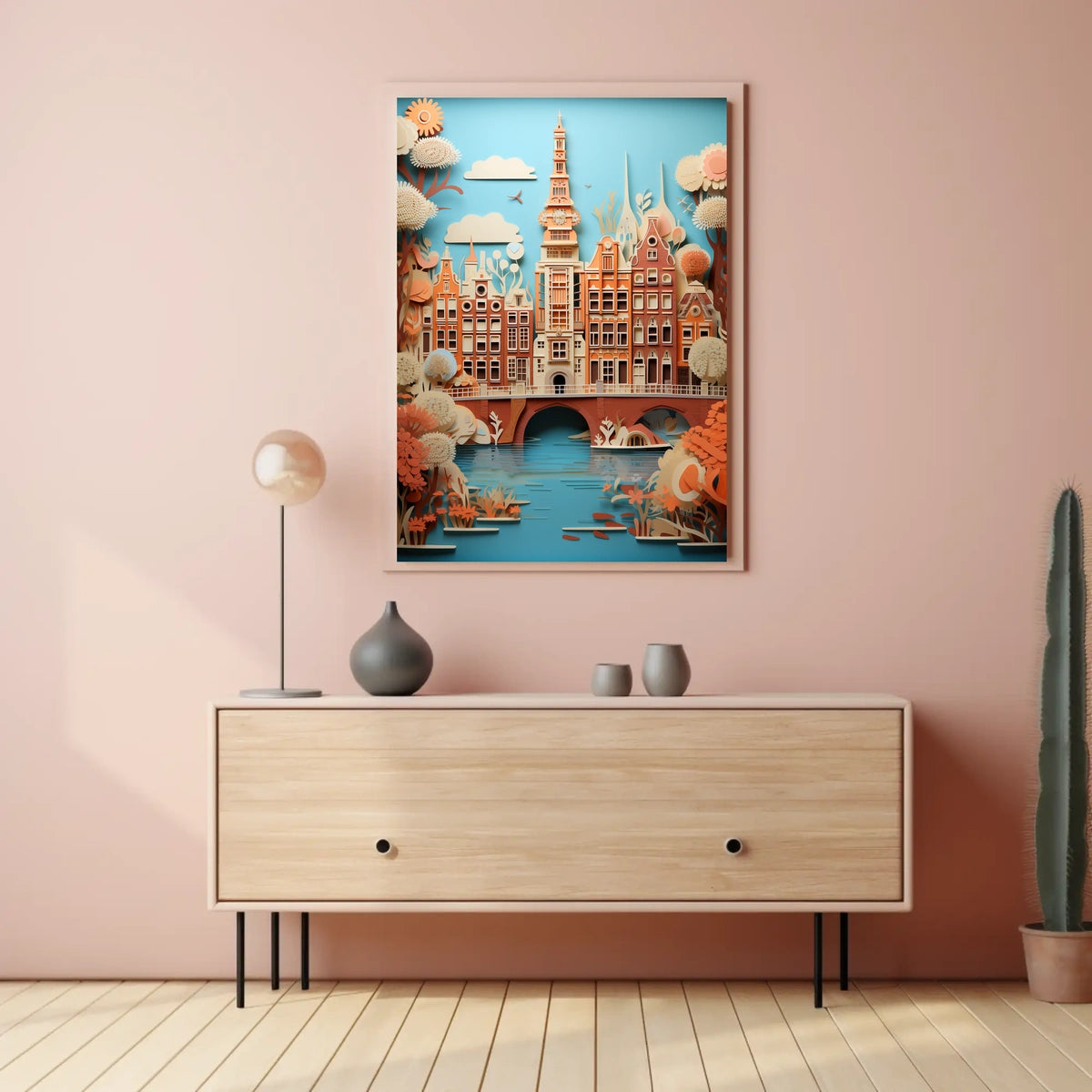 Amsterdam Canal Bridge Scene with Whimsical Urban or Cityscape Poster
