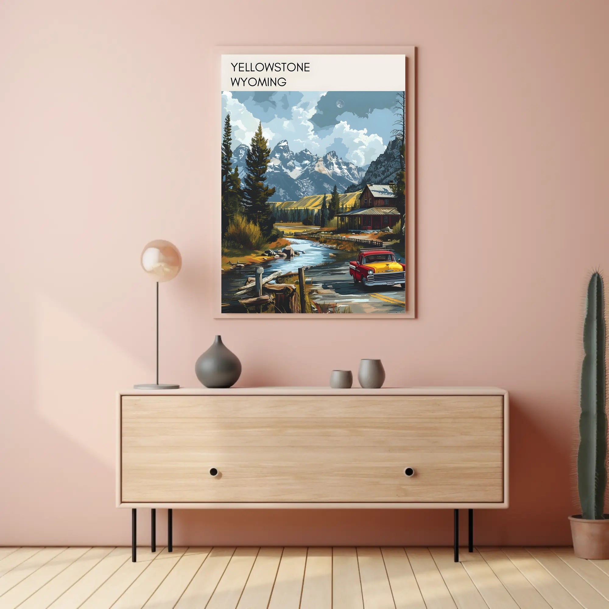 Scenic Yellowstone: Vintage Truck and Rustic Cabin Poster
