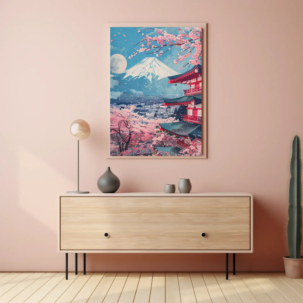 Mount Fuji Cherry Blossom Pagoda Art Print