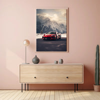 Sleek Red Sports Car in Alpine Landscape Poster PosterGoat