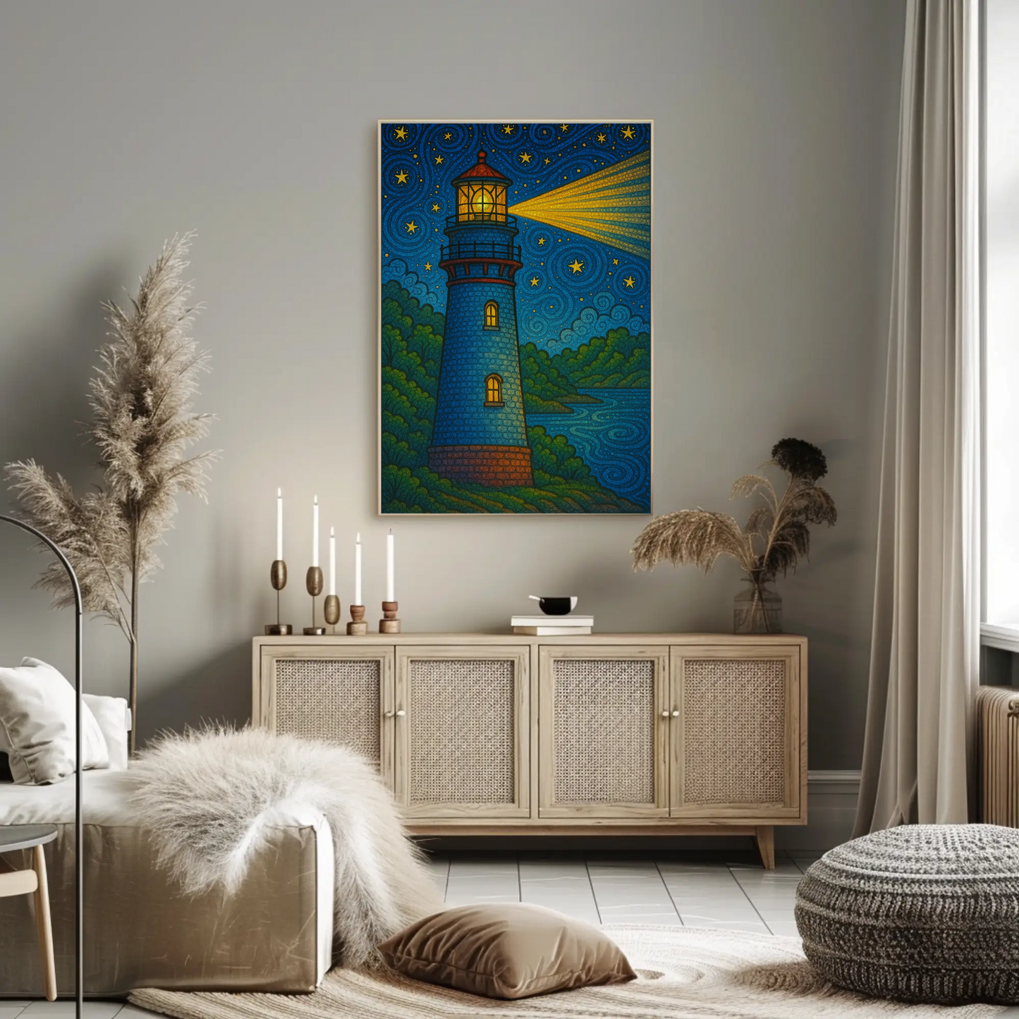 Lighthouse Night Stars Ocean Beacon Illustration Travel Poster