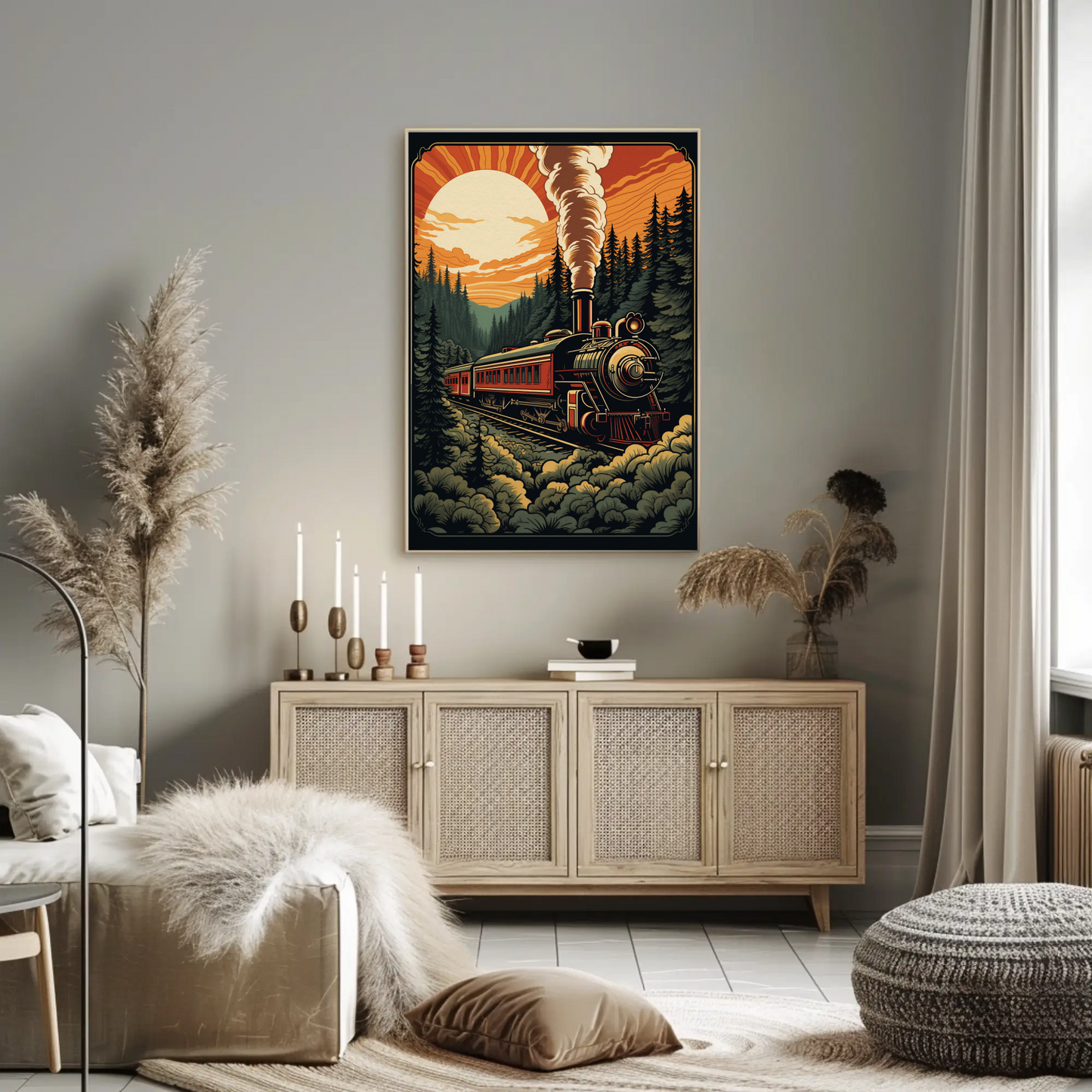 Vintage Steam Train Forest Railway Sunset Travel Poster
