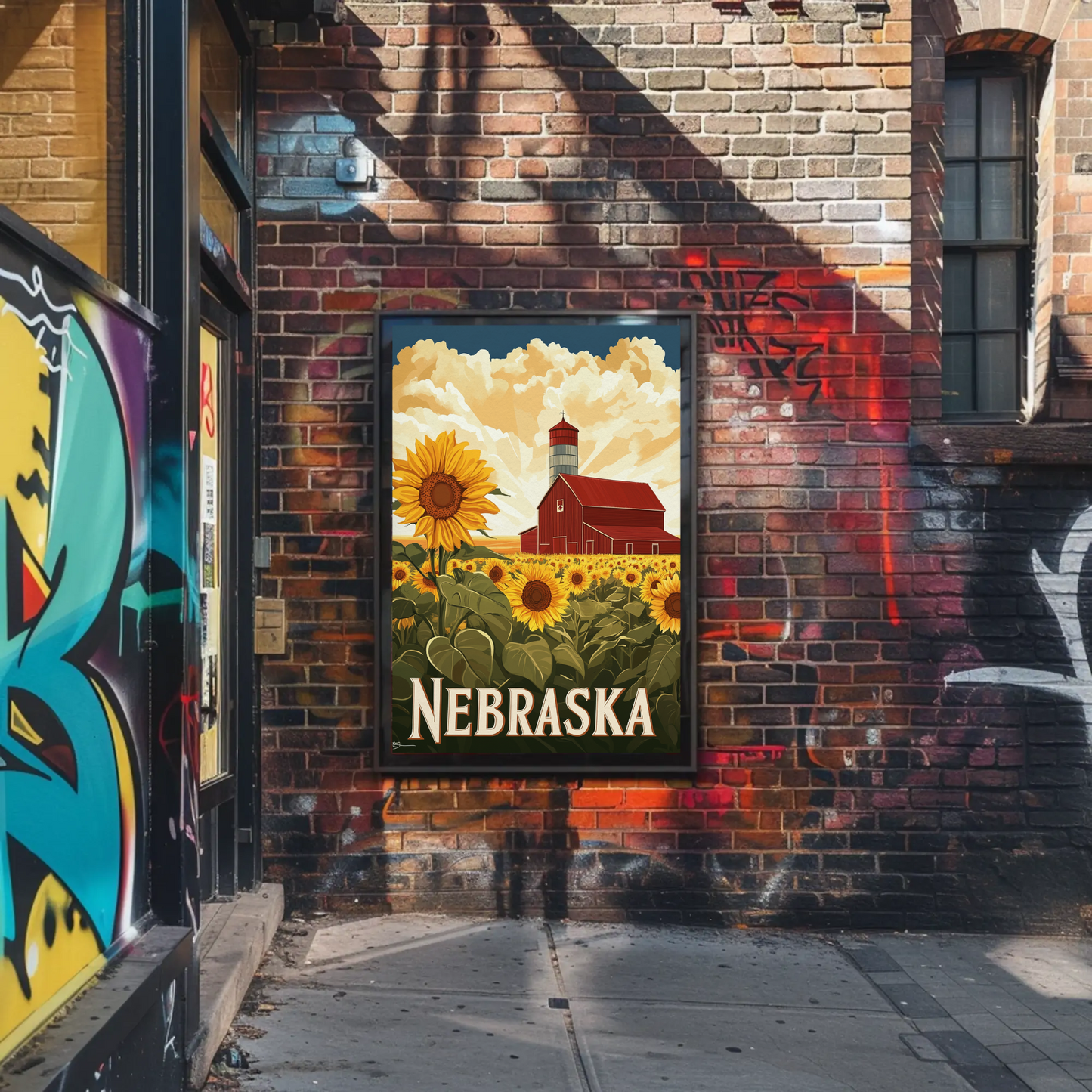Nebraska Vintage Poster - Sunflower Barn