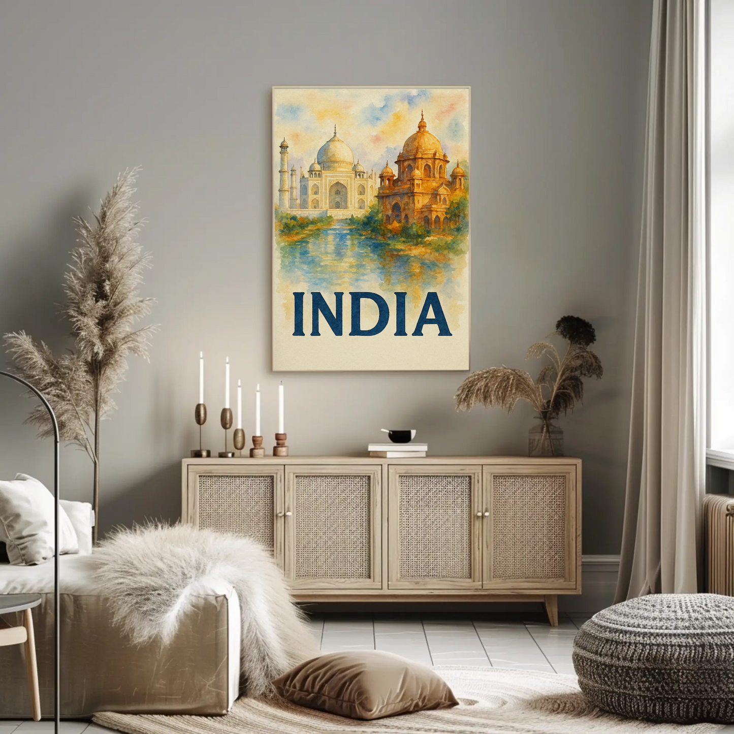 India Taj Mahal Watercolor Palace Reflection Travel Poster