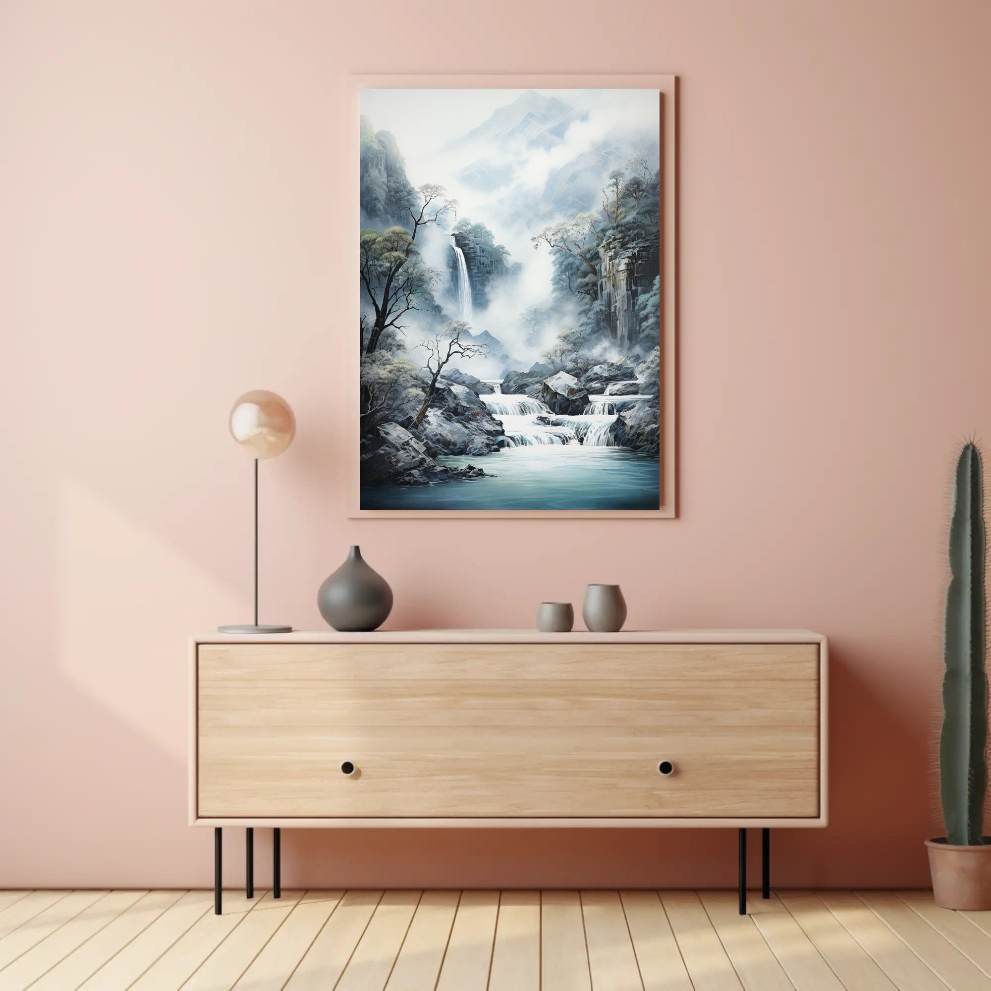 Tranquil Waterfall In Misty Mountains Poster