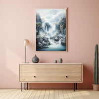 Tranquil Waterfall In Misty Mountains Poster