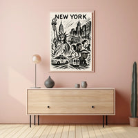 New York City Iconic Landmarks Poster Vintage Wall Art