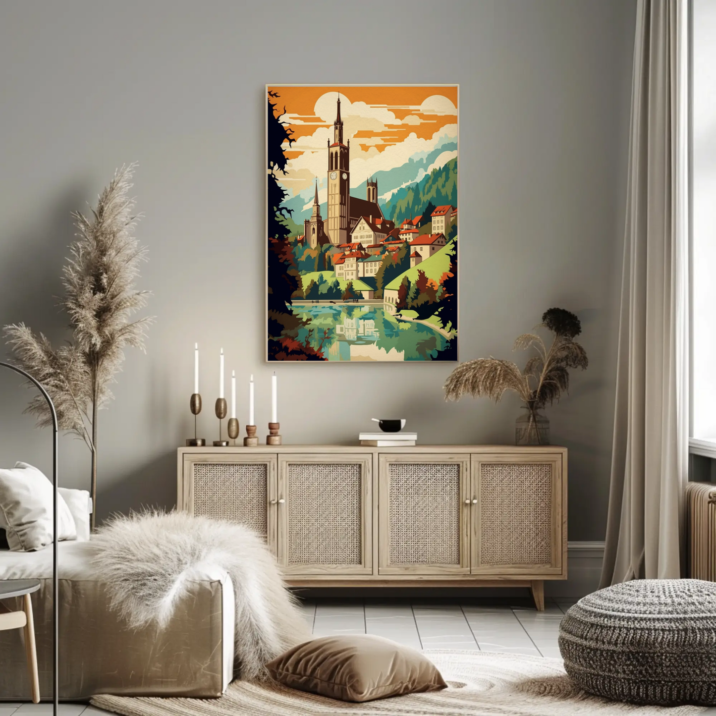 Alpine Village Church Tower Mountain View Travel Poster