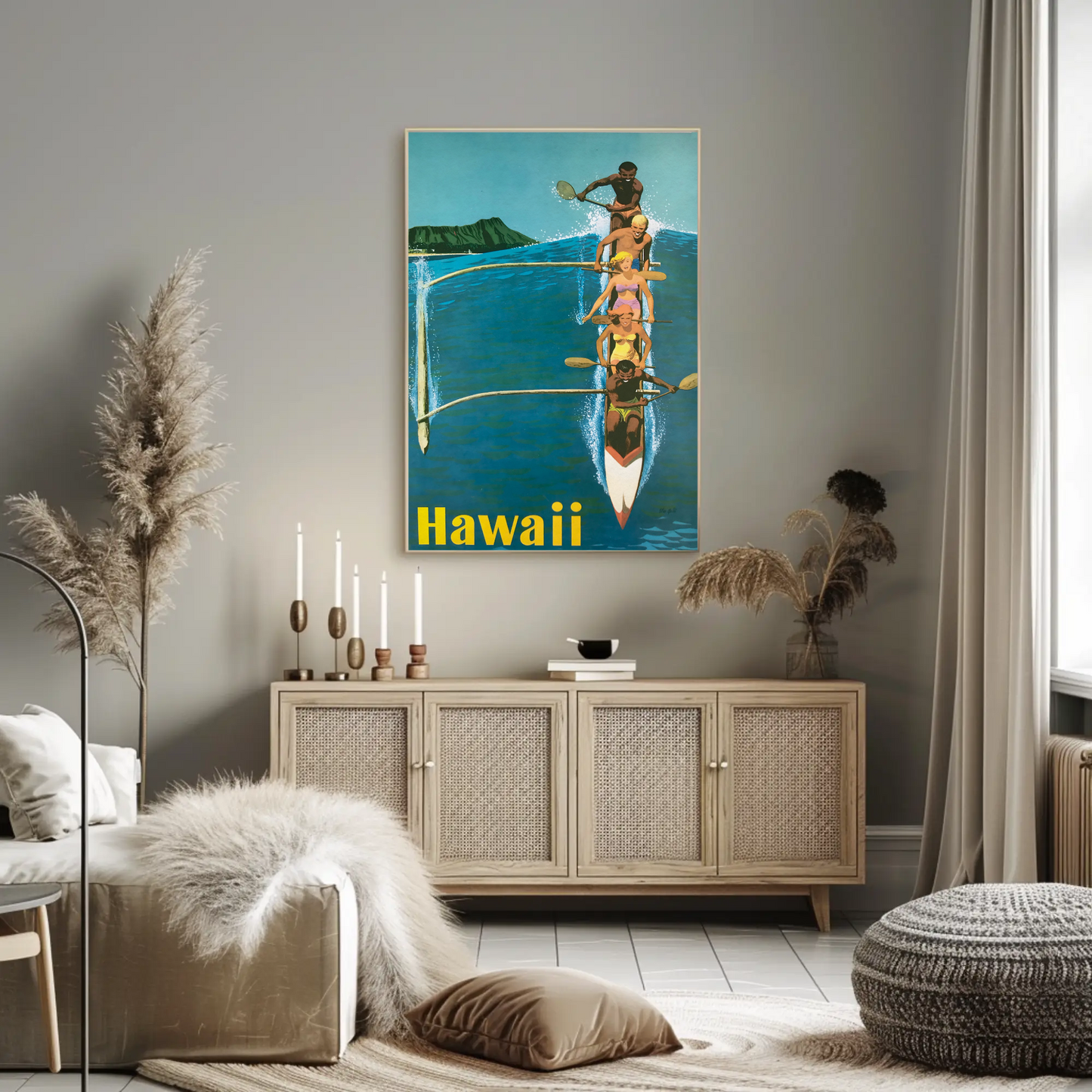 Hawaii Canoe Paddling Vintage Travel Poster Scene