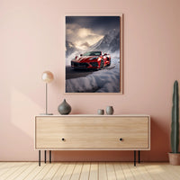 Red Sports Car in Snowy Mountains Poster PosterGoat