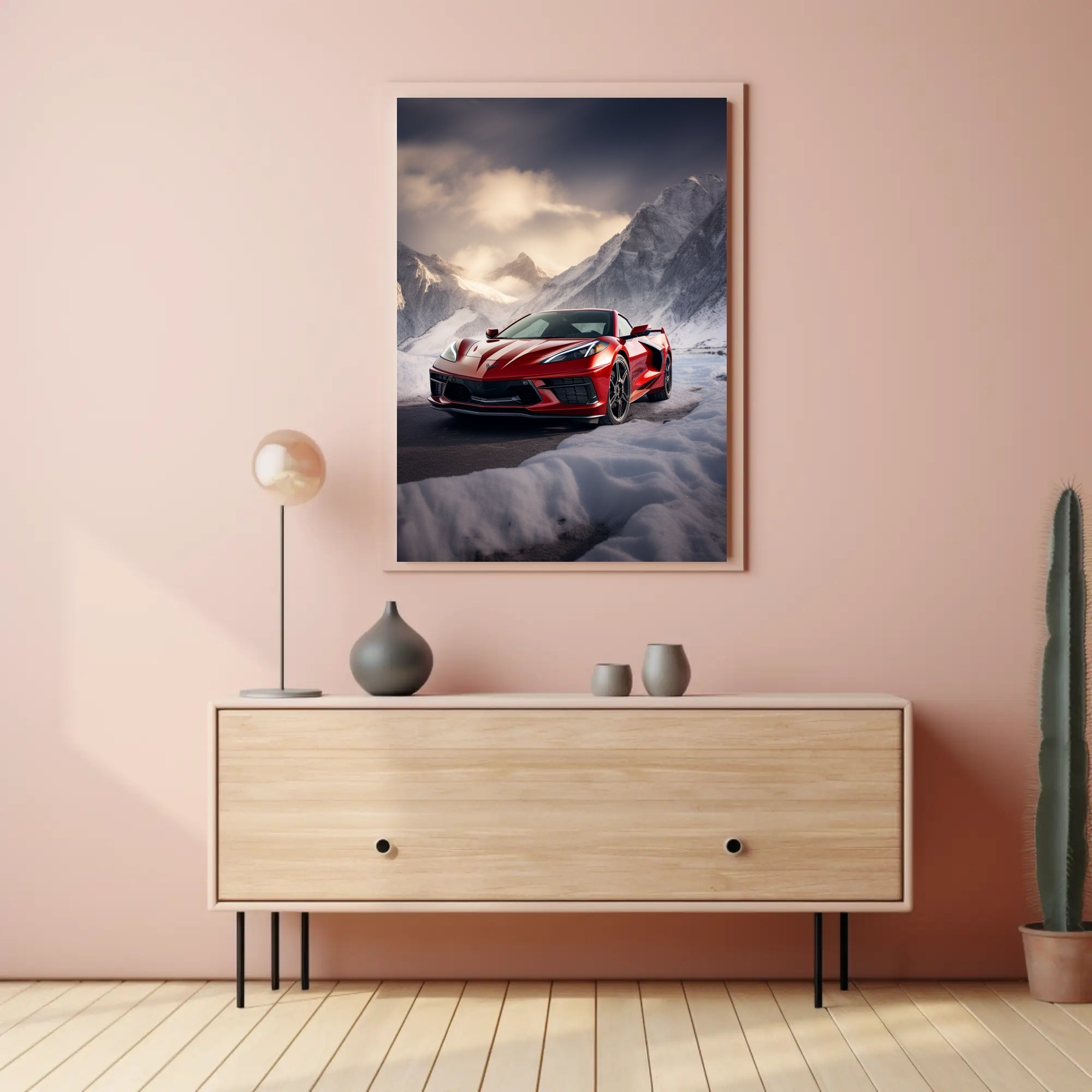 Red Sports Car in Snowy Mountains Poster PosterGoat