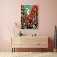 Vibrant Cityscape with Red Bus Poster