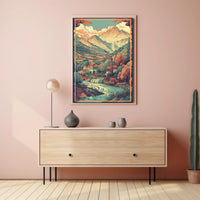 Serene Mountain Village: Tranquil Escape with Cascading River Poster