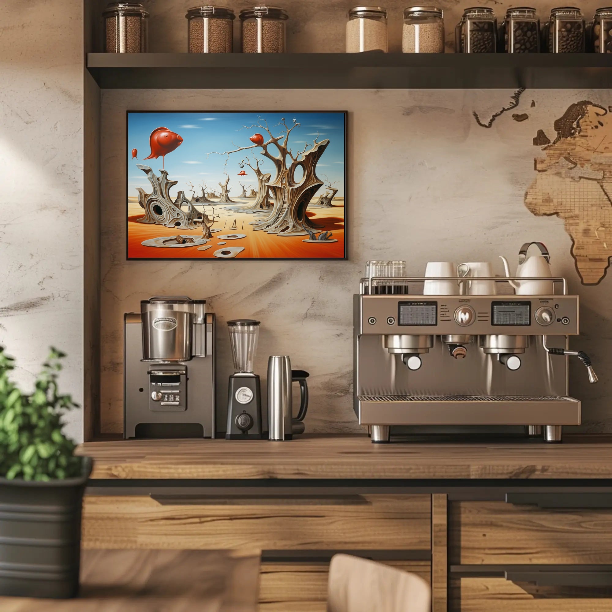 Surreal Desert Dreamscape With Whimsical Fish Objects - Artistic Poster