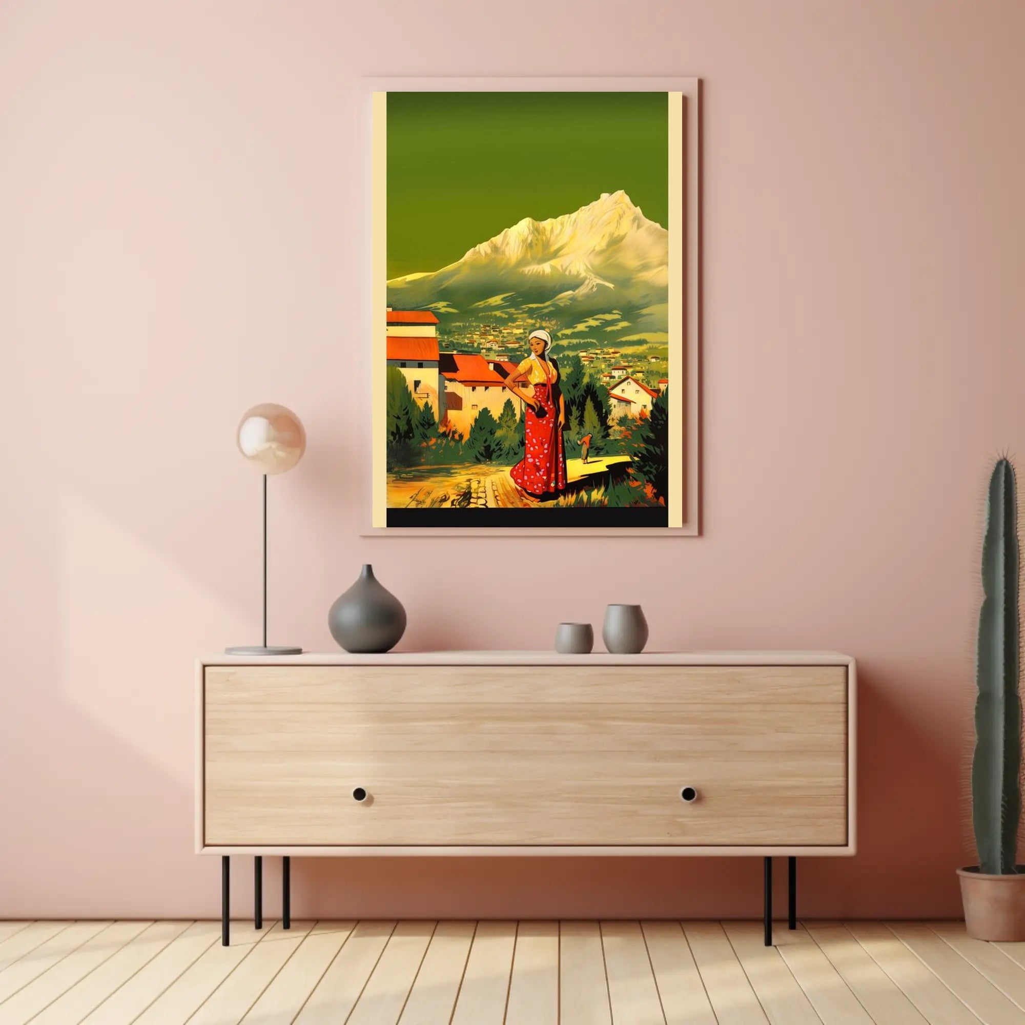 Serene Mountain Village with Traditional Attire Poster
