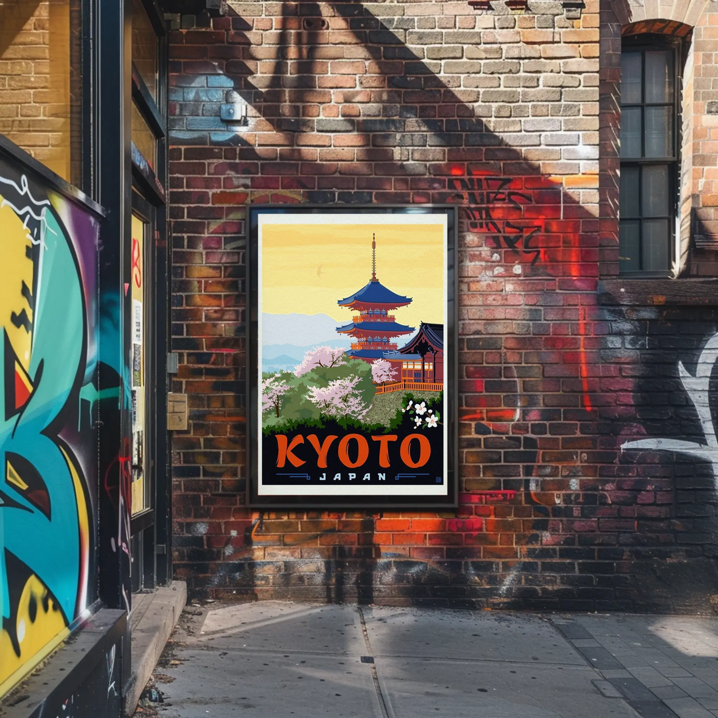 Kyoto Japan Pagoda Cherry Blossoms Temple Scene Vintage Travel Poster
