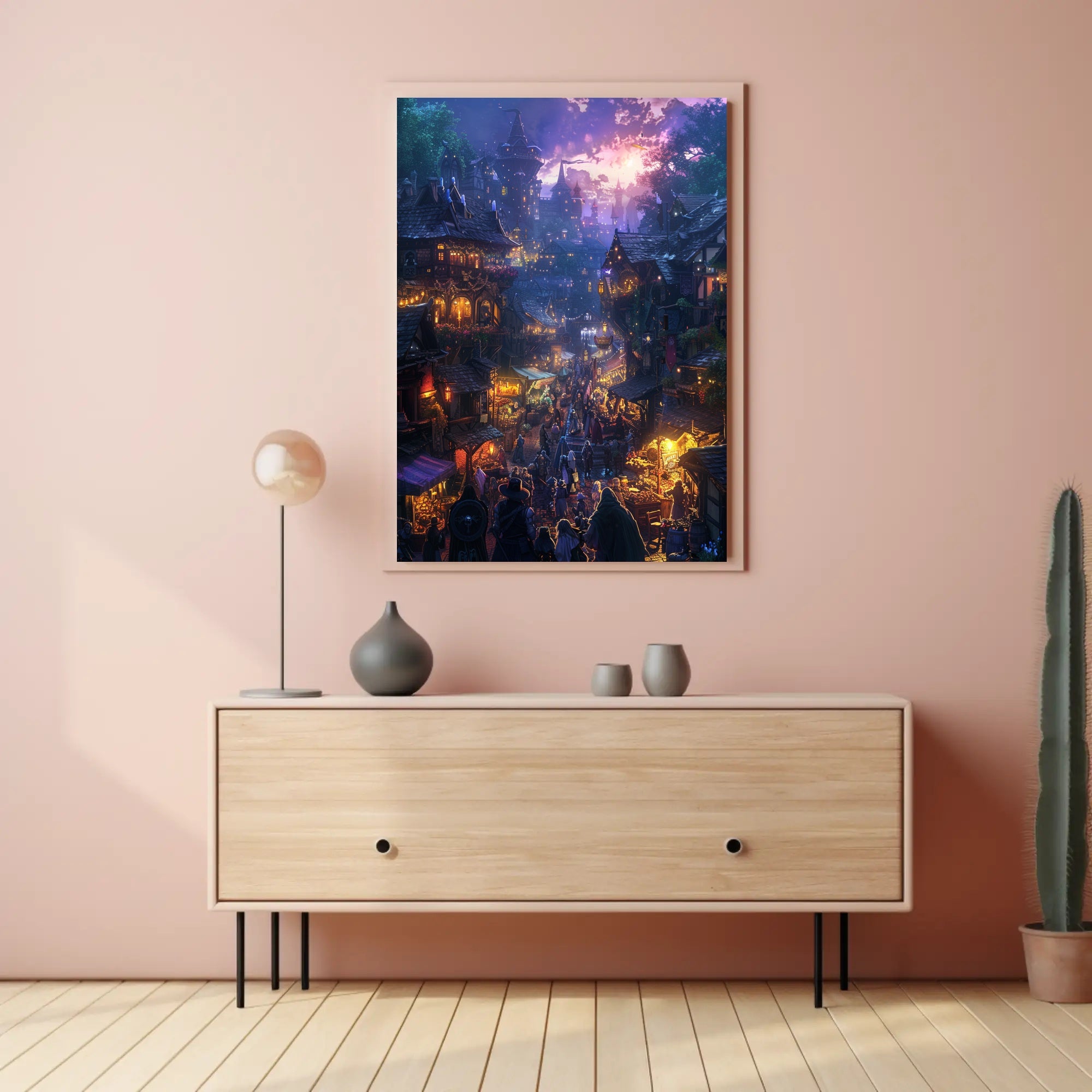 Medieval Fantasy Village Market at Twilight Fantasy Poster PosterGoat