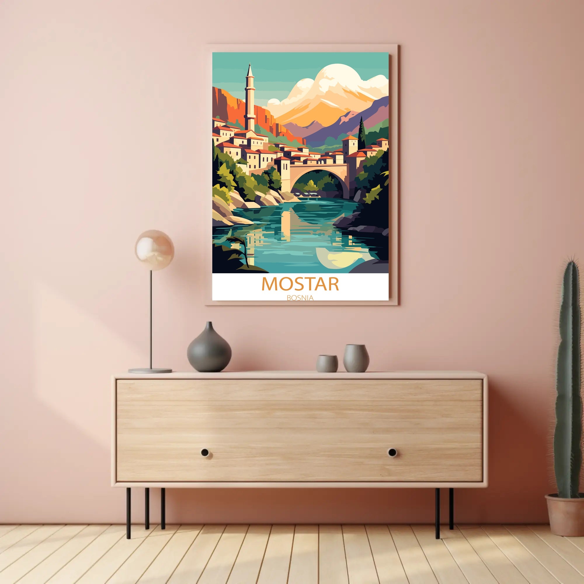 Mostar Vibrant Arched Bridge Travel Poster