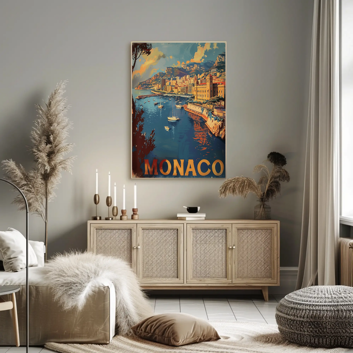 Monaco Mediterranean Coast Harbor Scene Retro Travel Poster