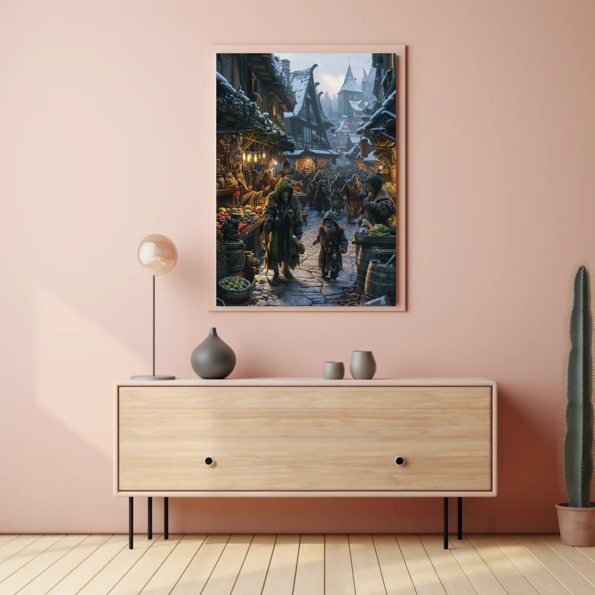 Medieval Snow Village Market Scene Fantasy or Mythology Poster PosterGoat