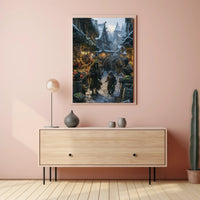 Medieval Snow Village Market Scene Fantasy or Mythology Poster PosterGoat